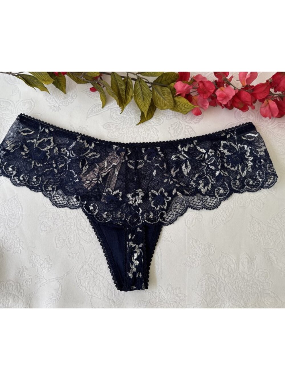 VICTORIA'S SECRET S BLUE SILVER SHIMMER DREAM ANGELS WIDE SIDE THONG PANTIES NWT